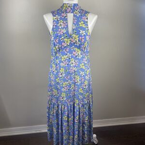 les reveries Blue Floral Print Silk Midi Dress Size XS Preppy Bohemian Wedding
